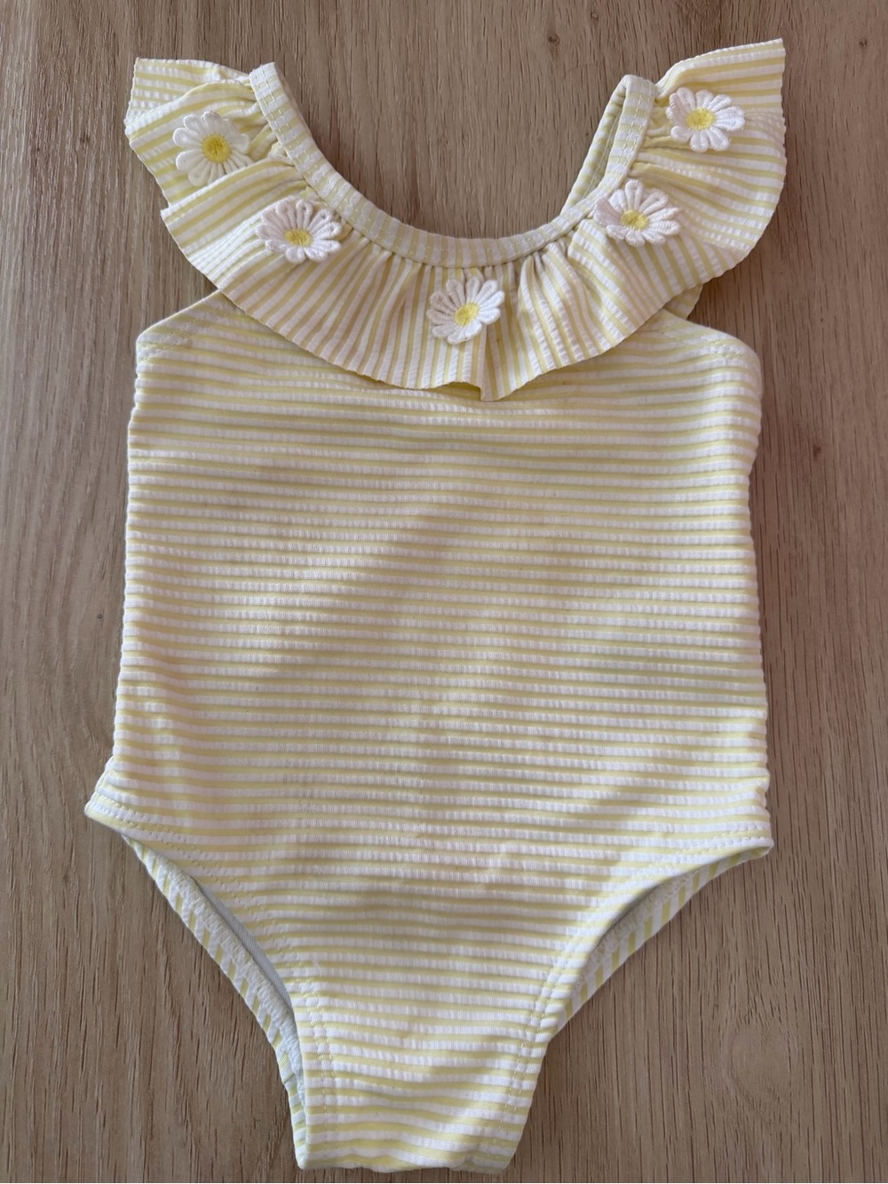 Yellow & White Striped Ruffle One-Piece Swimsuit with Daisy Details